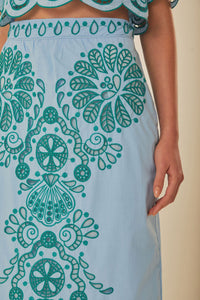 Jupe midi Richelieu à motif graphique en coton - Bleu