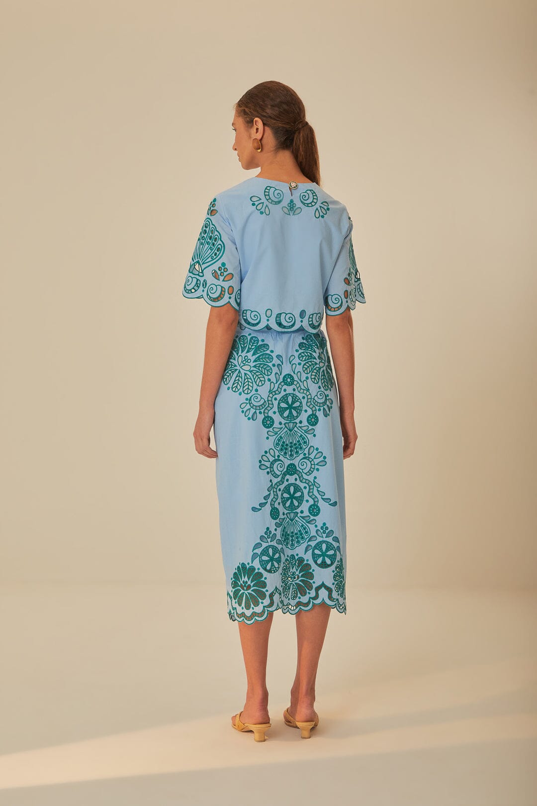 Jupe midi Richelieu à motif graphique en coton - Bleu