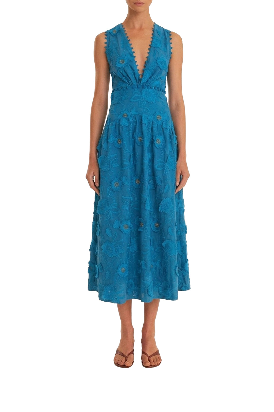 Robe midi à fleurs et décolleté en coton - Bleu