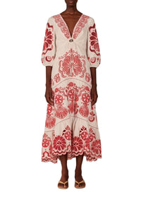 Robe midi Richelieu à col V en coton - Rouge