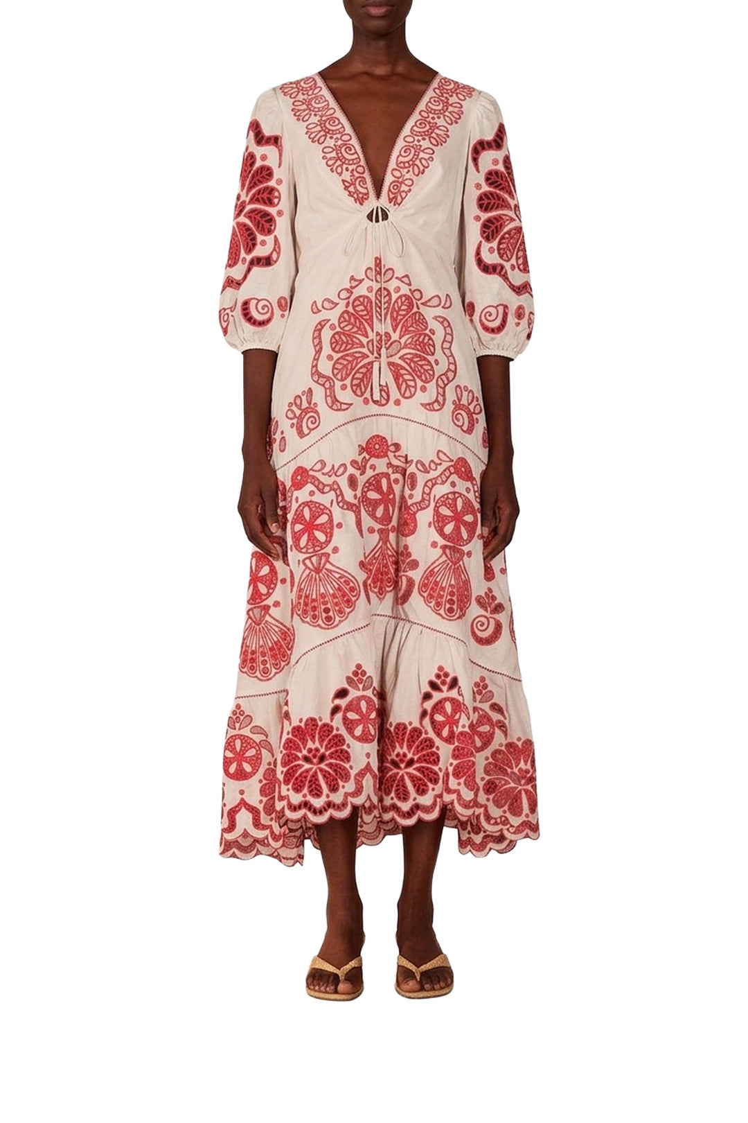 Robe midi Richelieu à col V en coton - Rouge