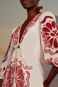 Robe midi Richelieu à col V en coton - Rouge