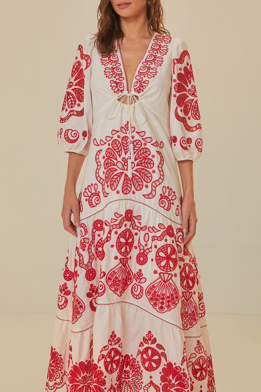 Robe midi Richelieu à col V en coton - Rouge