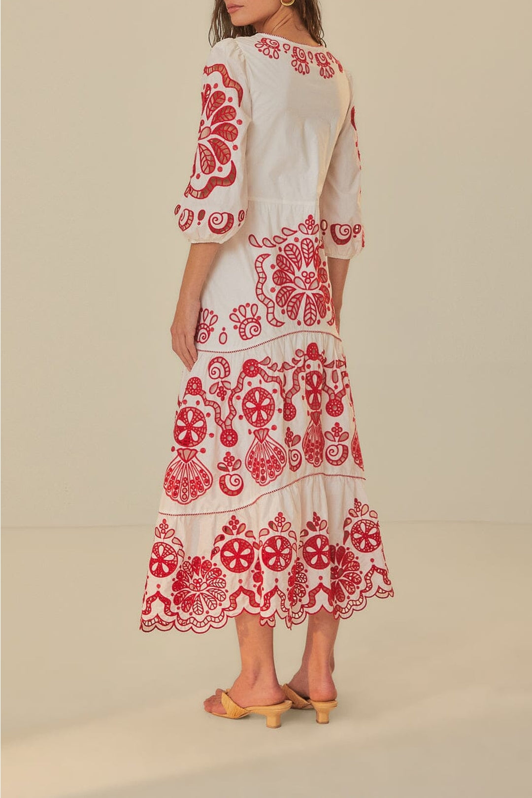 Robe midi Richelieu à col V en coton - Rouge