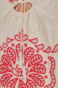 Robe midi Richelieu à col V en coton - Rouge