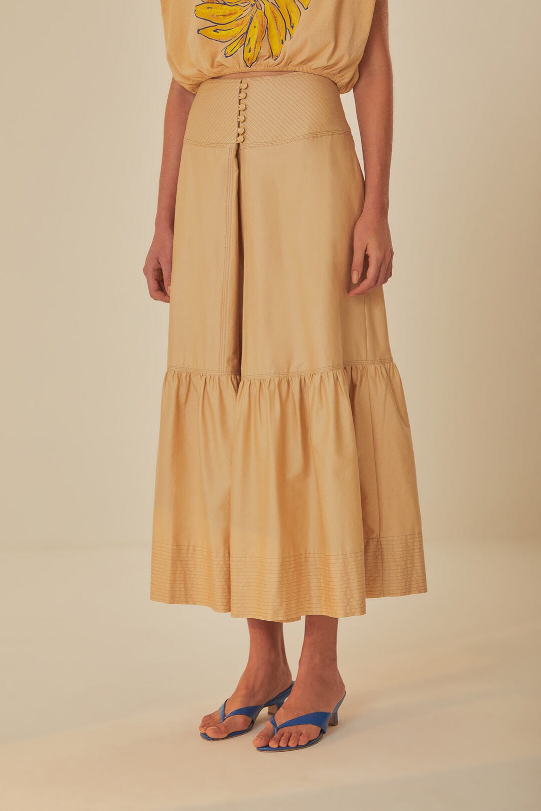 Jupe longue à empiècement surpiqué en coton - Beige