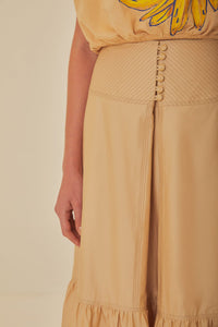 Jupe longue à empiècement surpiqué en coton - Beige