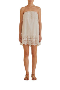 Robe courte brodée Guipure en lin - Blanc