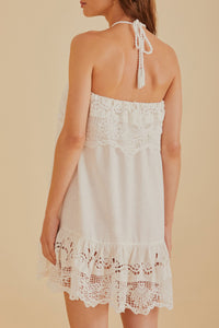 Robe courte brodée Guipure en lin - Blanc