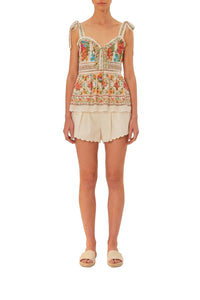 Sleeveless cotton flower garden blouse - White