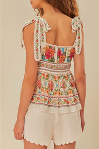 Sleeveless cotton flower garden blouse - White