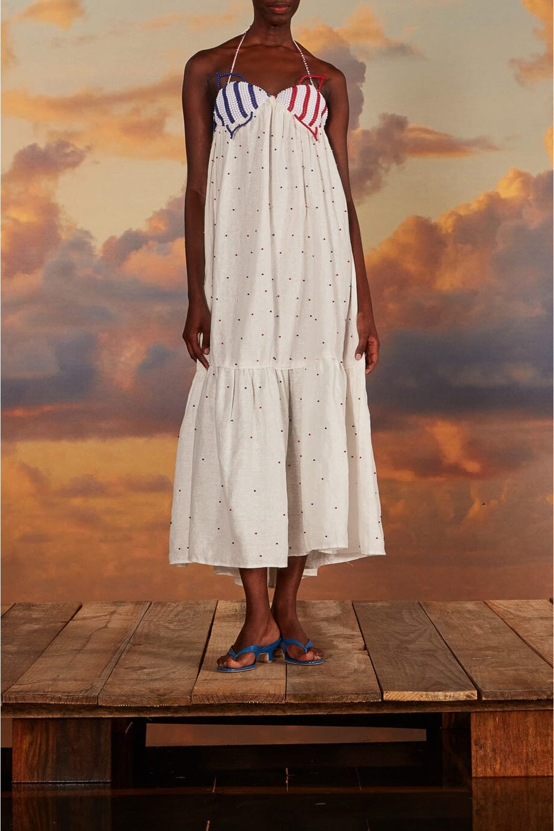Robe longue Beaded Fishes à bretelles en coton - Blanc