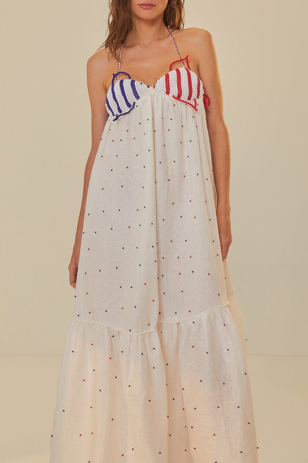 Robe longue Beaded Fishes à bretelles en coton - Blanc
