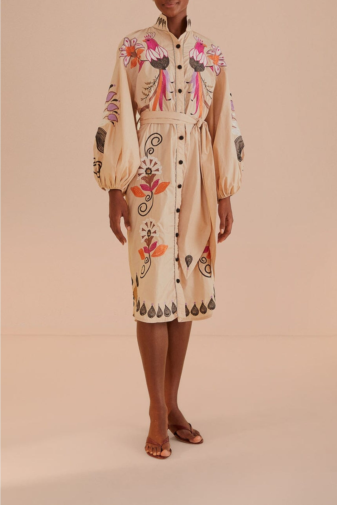 Robe midi Flower Bird brodée en coton - Beige