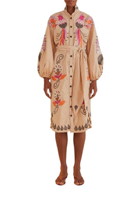 Robe midi Flower Bird brodée en coton - Beige