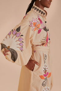 Robe midi Flower Bird brodée en coton - Beige