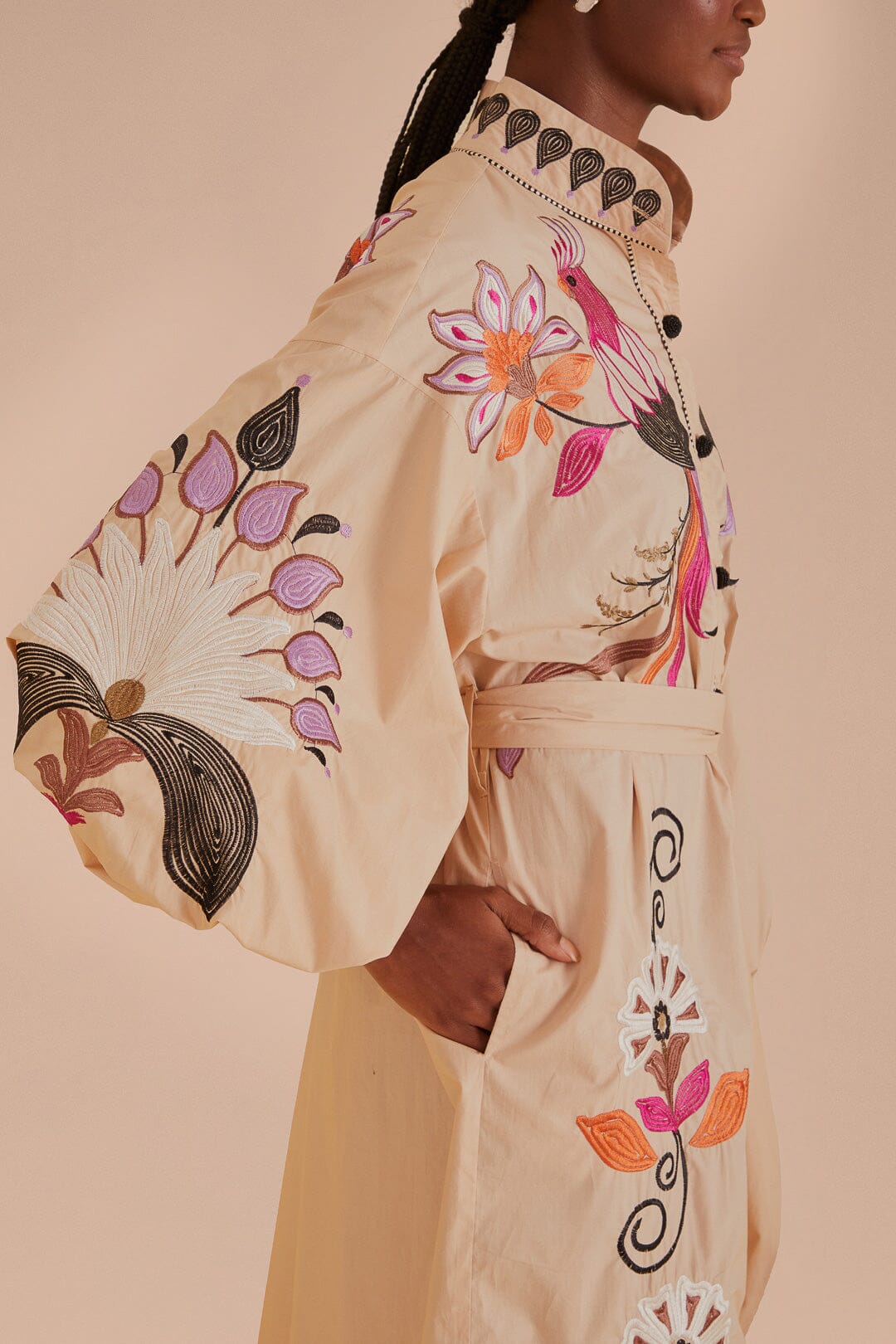Robe midi Flower Bird brodée en coton - Beige