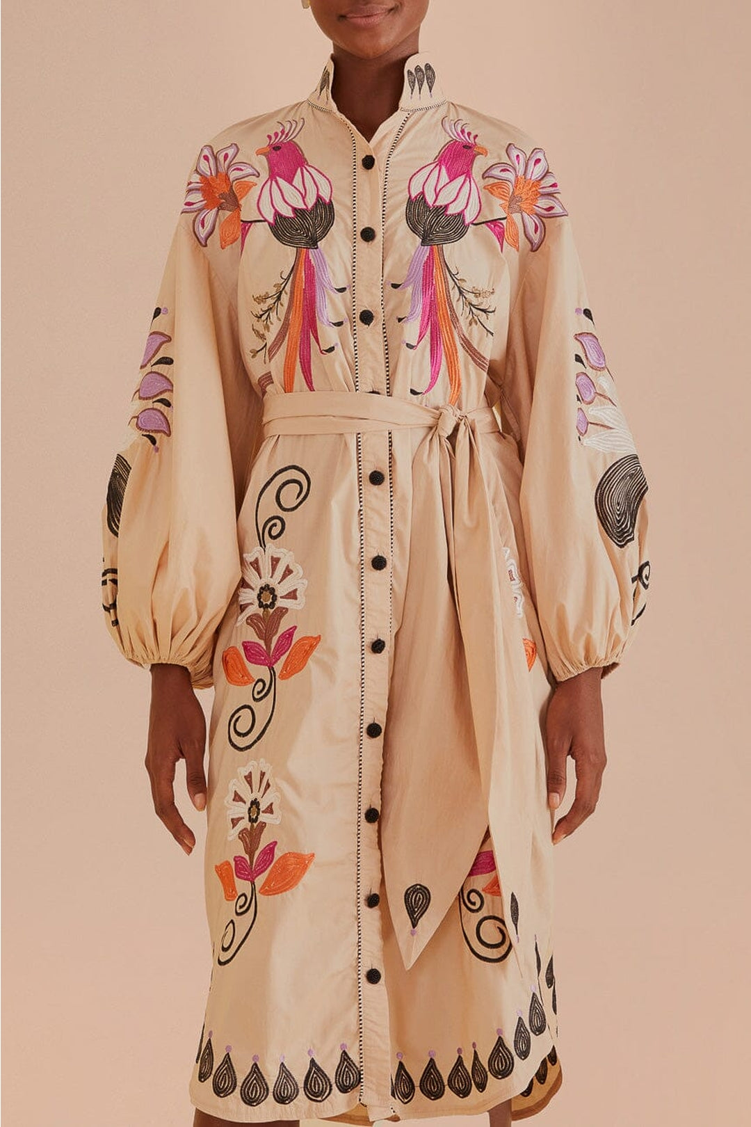 Robe midi Flower Bird brodée en coton - Beige
