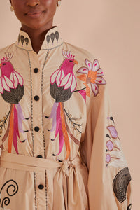 Robe midi Flower Bird brodée en coton - Beige