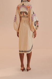 Robe midi Flower Bird brodée en coton - Beige