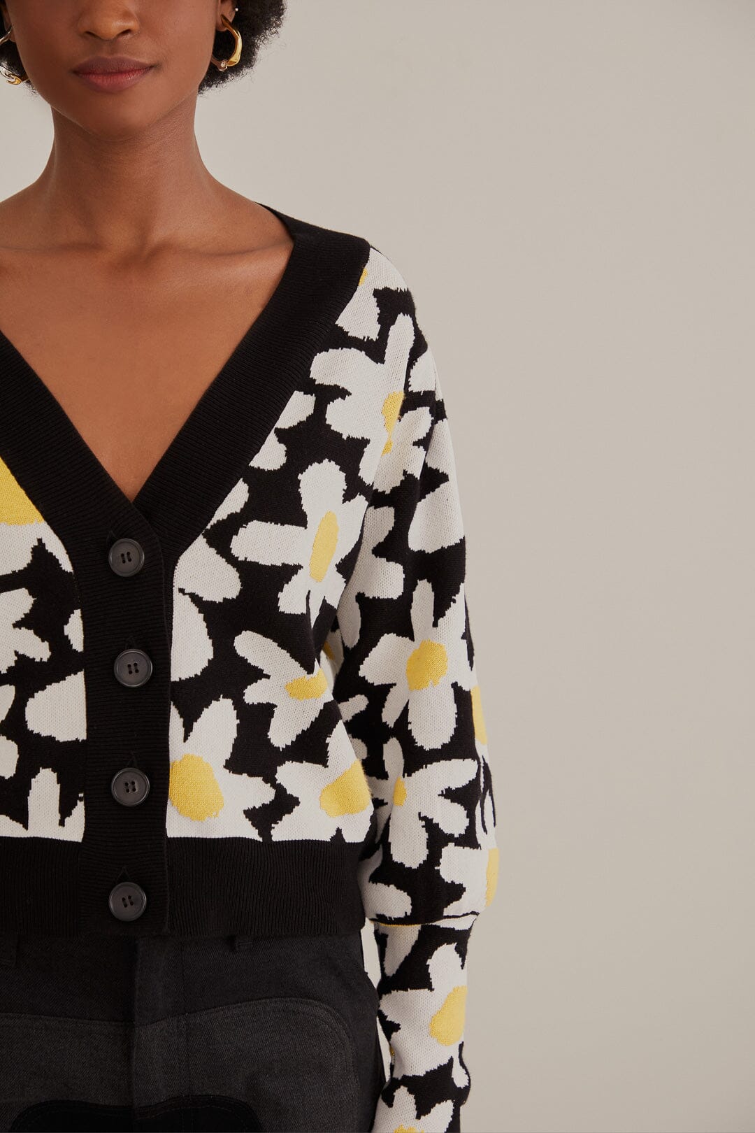 Cardigan motifs fleurs en maille - Noir