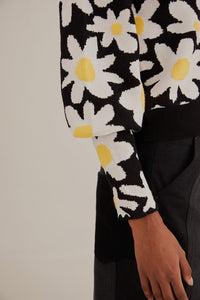 Cardigan motifs fleurs en maille - Noir
