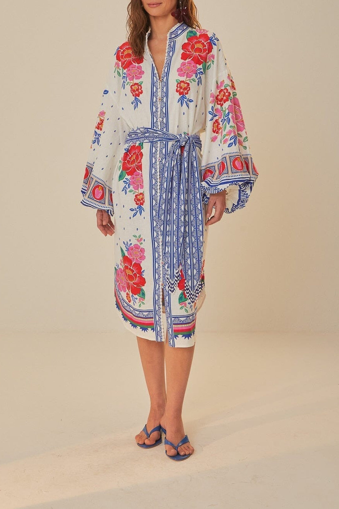 Robe midi Flowers Beach en lin - Blanc