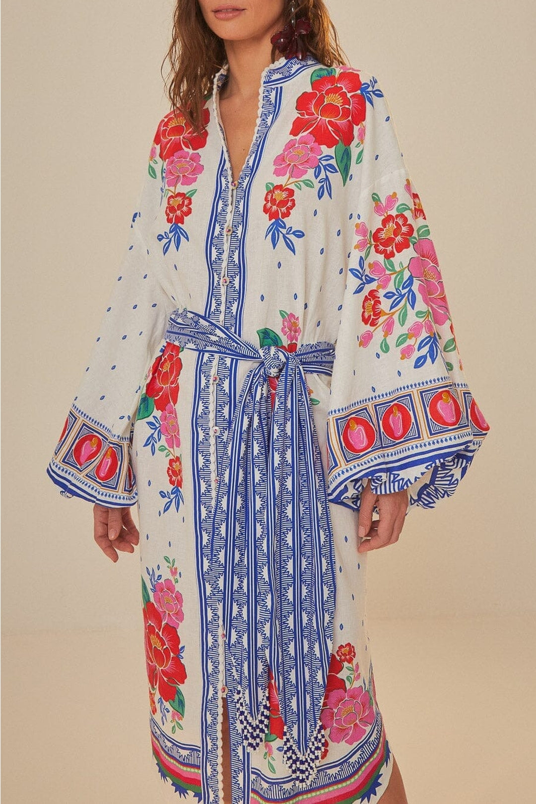 Robe midi Flowers Beach en lin - Blanc