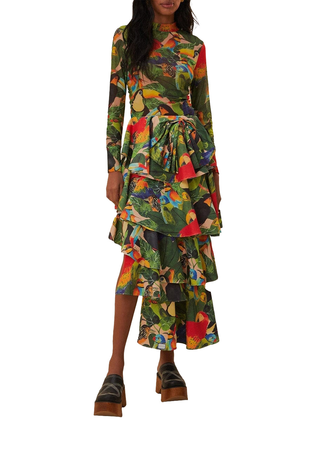 Bird Leaves Long Skirt - Beige