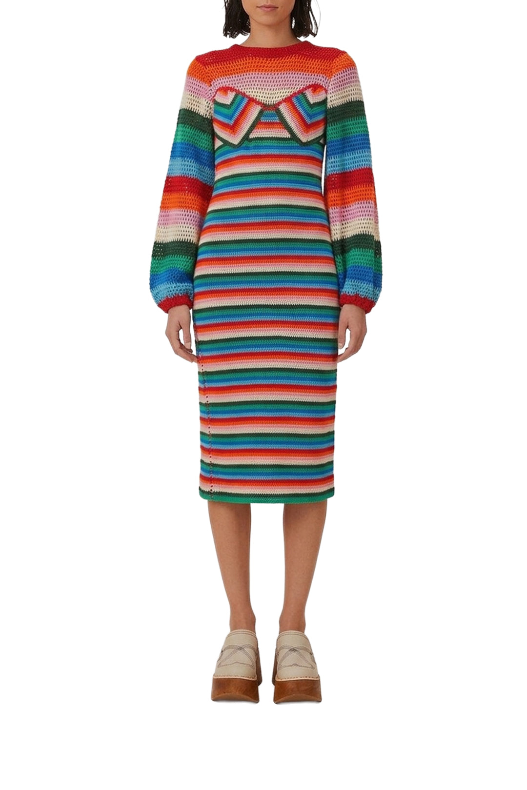 Robe midi à rayures en crochet - Multicolore