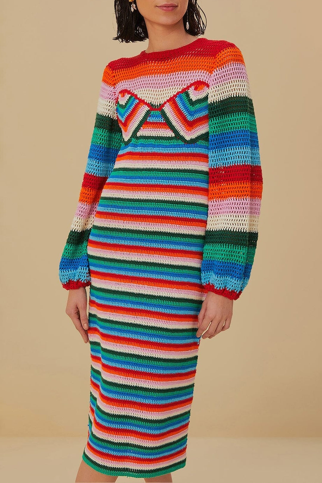 Robe midi à rayures en crochet - Multicolore