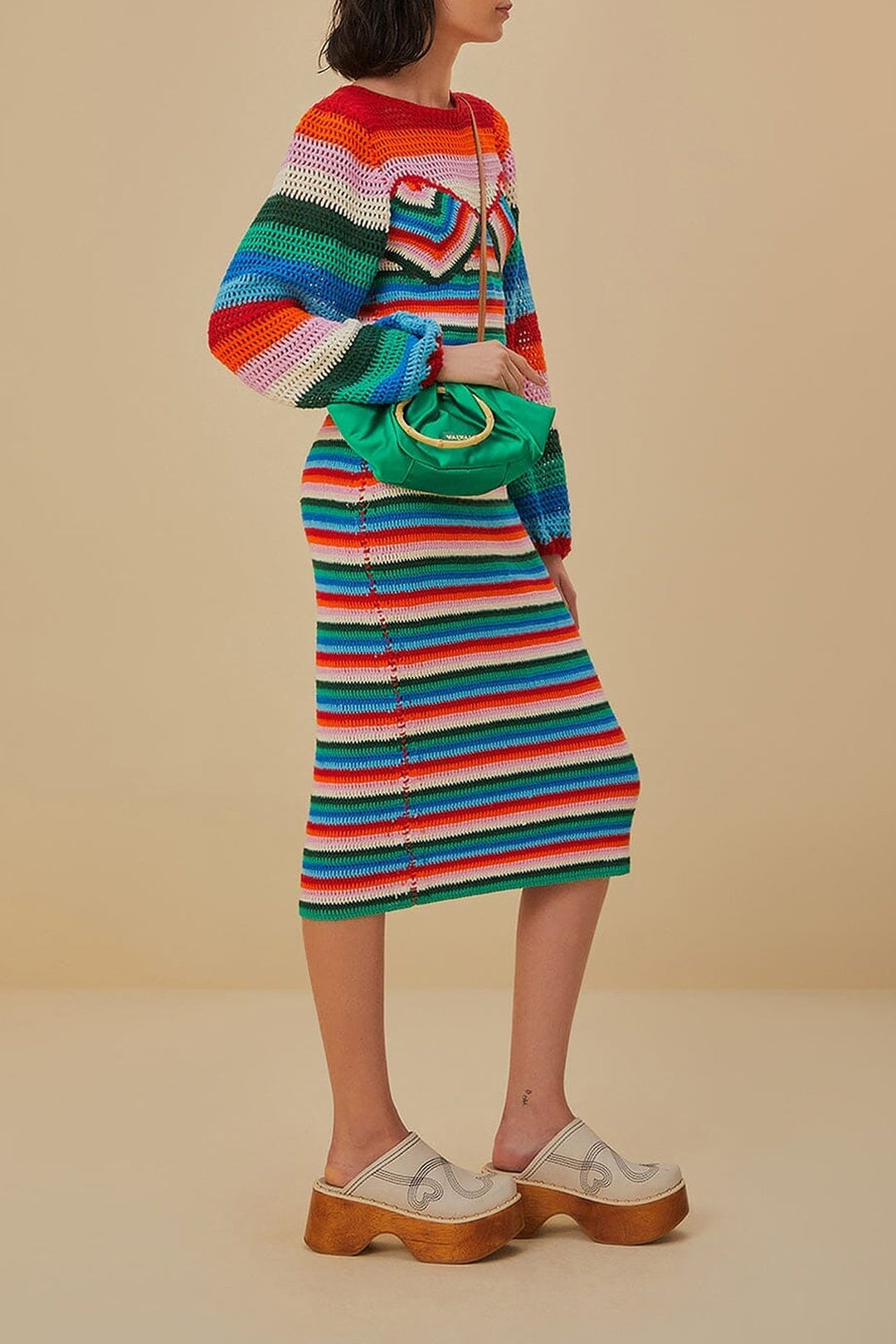 Robe midi à rayures en crochet - Multicolore