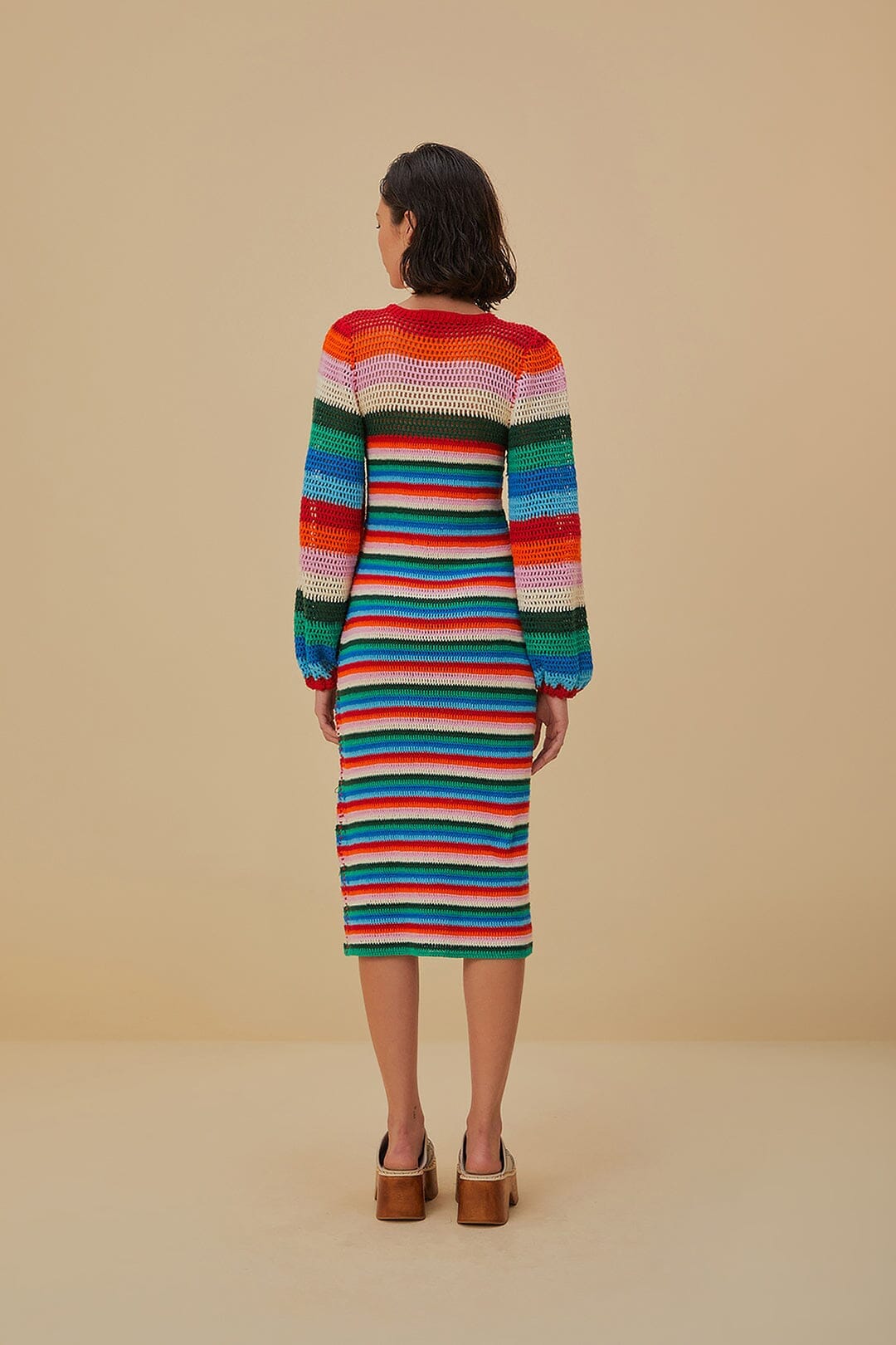 Robe midi à rayures en crochet - Multicolore