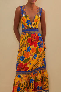 Robe midi à bretelles en lin - Jaune