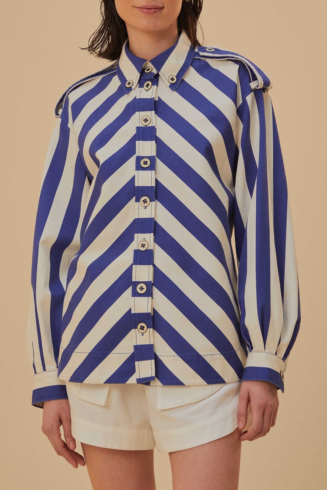 Chemise à manches longues rayée en coton - Bleu