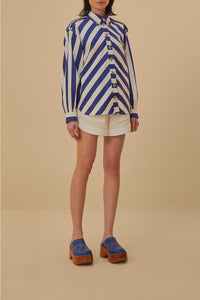 Chemise à manches longues rayée en coton - Bleu