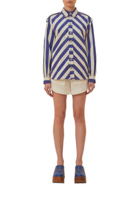 Chemise à manches longues rayée en coton - Bleu