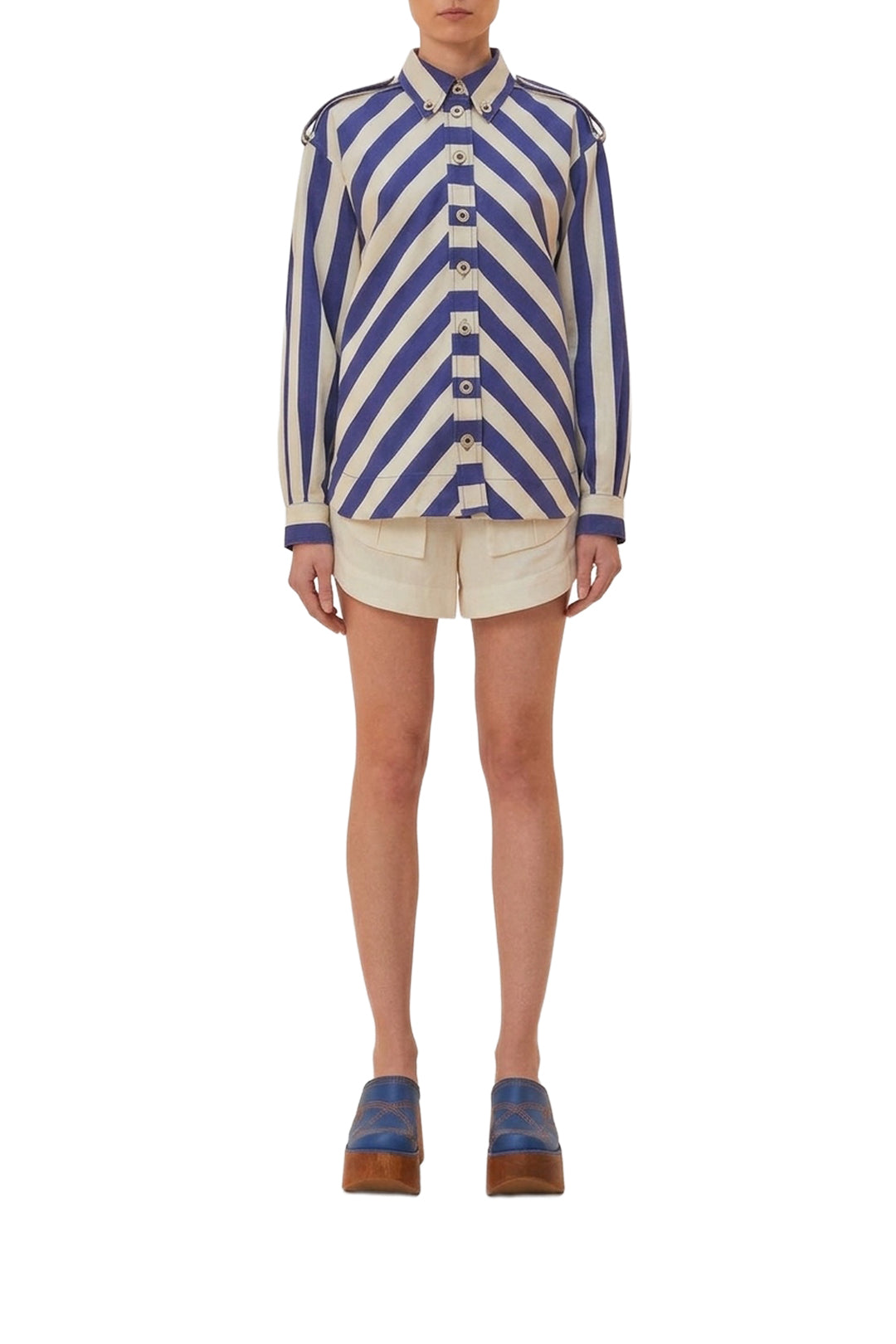 Chemise à manches longues rayée en coton - Bleu