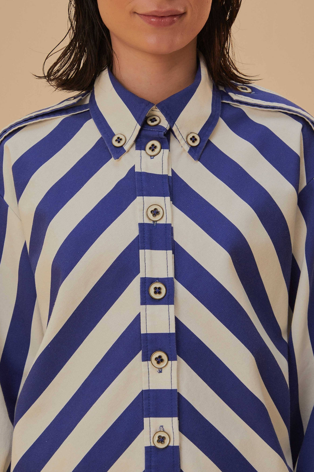 Chemise à manches longues rayée en coton - Bleu