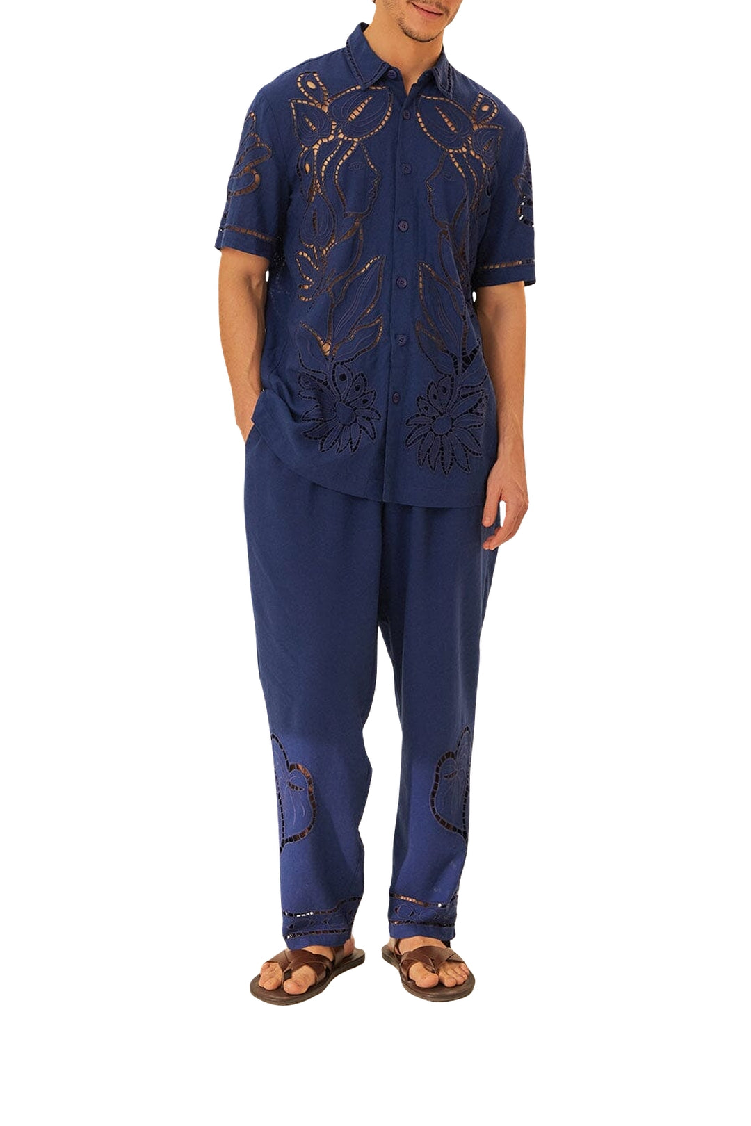 Chemise brodée Richelieu surréaliste en lin - Bleu