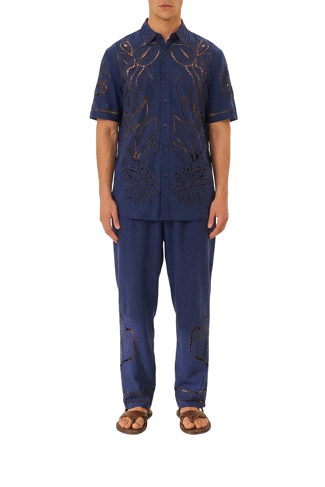 Surrealist Richelieu-embroidered linen trousers - Blue