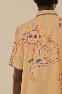 Chemise unisexe brodée en lin - Beige