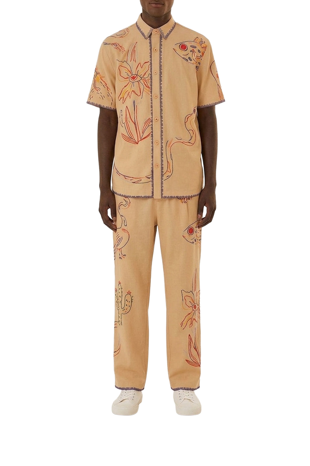 Chemise unisexe brodée en lin - Beige