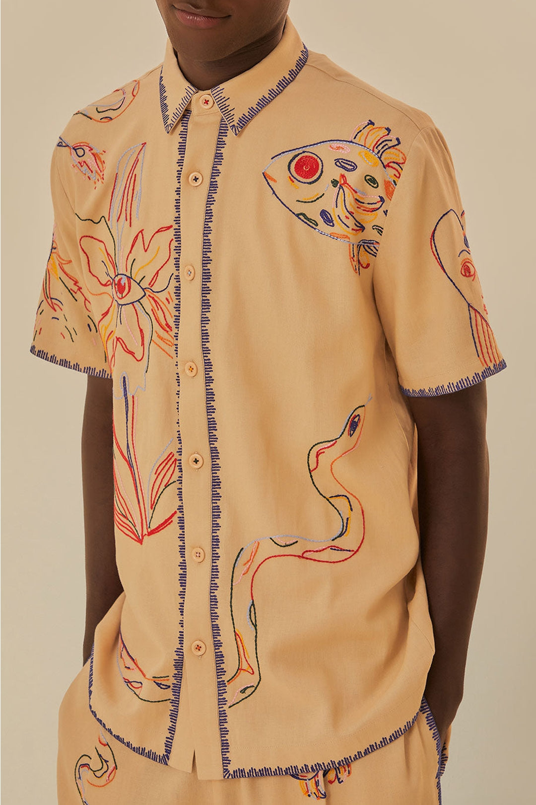Chemise unisexe brodée en lin - Beige