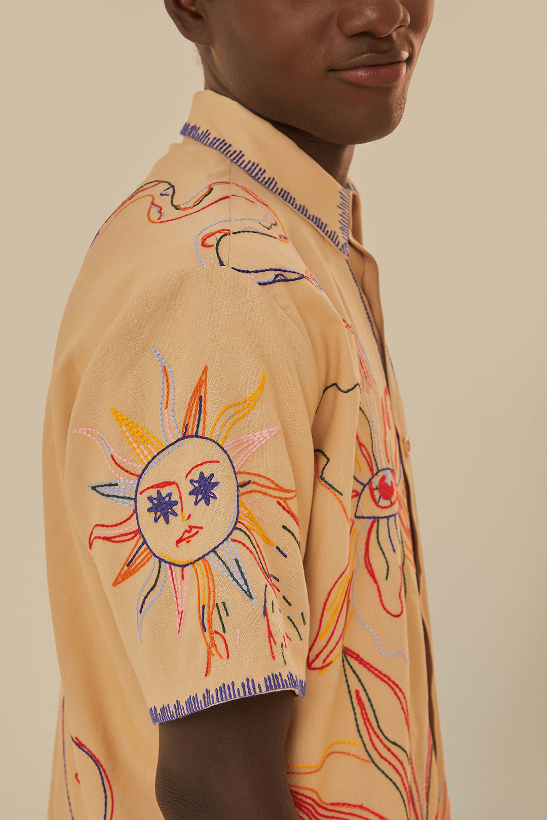 Chemise unisexe brodée en lin - Beige