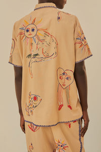 Chemise unisexe brodée en lin - Beige