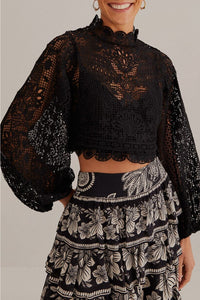 Guipure long-sleeved blouse - Black