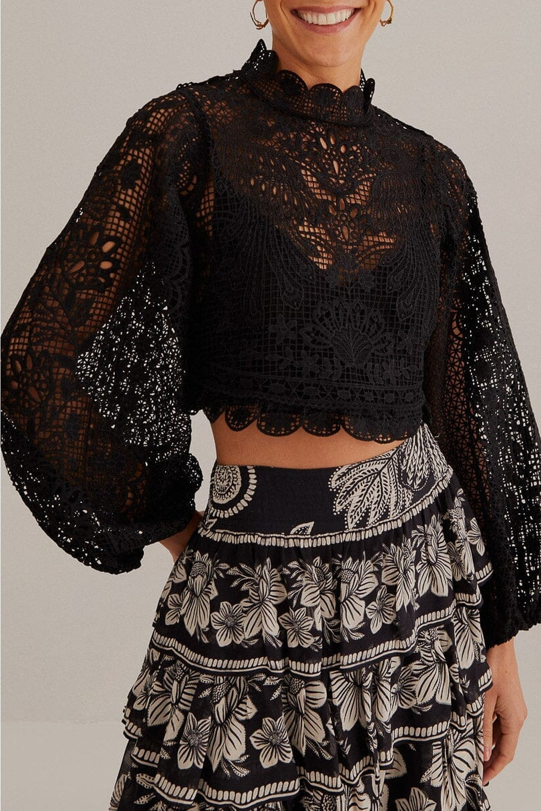 Guipure long-sleeved blouse - Black