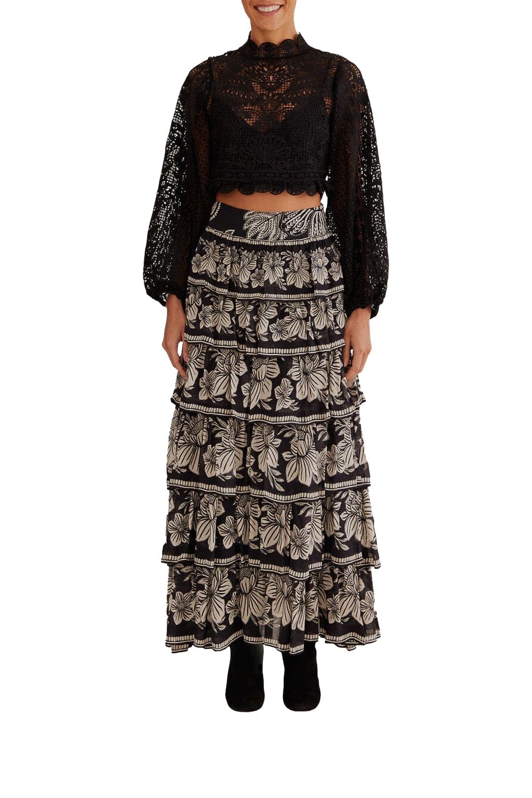 Guipure long-sleeved blouse - Black