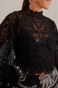 Guipure long-sleeved blouse - Black